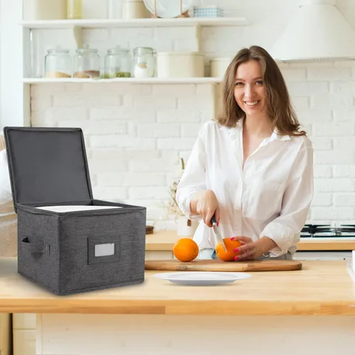 Miniatura 5 de popoly Paquete de 2 cajas de almacenamiento para platillos de 7", contenedor de almacenamiento de vajilla con 24 divisores de fieltro para cuencos
