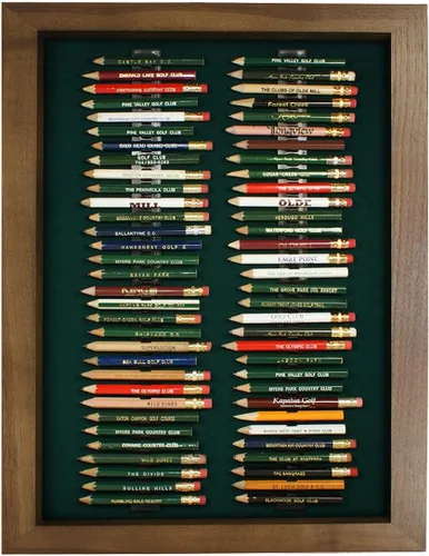 Estuche de exhibición de lápices de golf Eureka | Contiene 64 lápices de golf redondos o hexagonales | Acabado en nogal | Fabricado en Estados Unidos