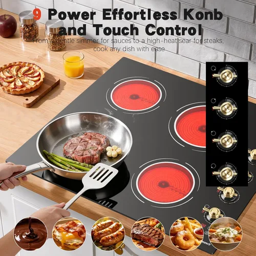 Miniatura 4 de Placa de cocina eléctrica de 24 pulgadas - 4 quemadores, encimera integrada de vidrio y cerámica, 6000W, 220V, estufa eléctrica radiante, 9 niveles