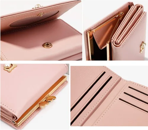 Miniatura 6 de JIUFENG Cartera corta con bloqueo RFID para mujer, triple, moda coreana, multifuncional, con perla, tarjetero