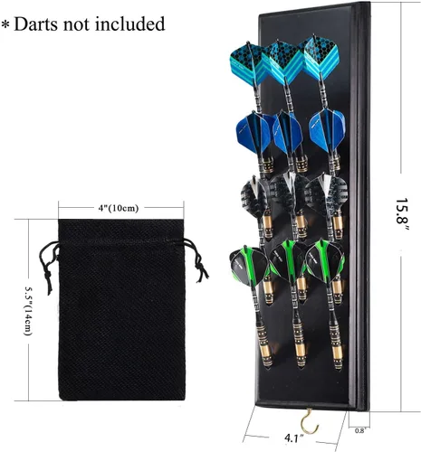 Miniatura 2 de FDLS Soporte para dardos montado en la pared para 12 o 15 dardos de acero y punta suave, organizador de dardos para pared con gancho de metal, bolsa
