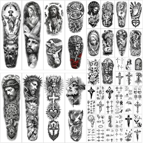 Miniatura 10 de Tatuajes temporales para adultos, manga completa, tatuajes falsos tradicionales de la vieja escuela, tatuajes de rosas de flores para mujeres