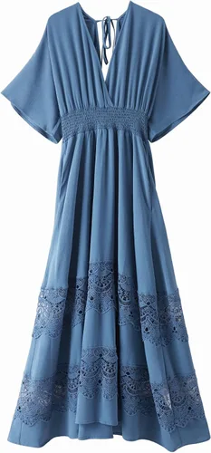 Vestido largo de encaje para mujer de manga corta y cuello en V, vestido de fiesta estilo bohemio con cintura fruncida, vestido bohemio para mujer