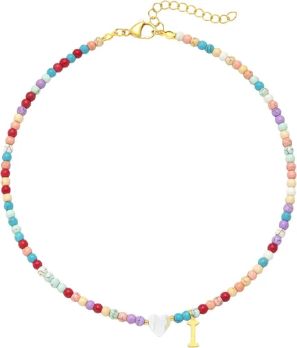 Collar de cuentas con inicial de oro colorido para mujer, hecho a mano, para niñas, de acero inoxidable con cuentas de colores, gargantilla de oro