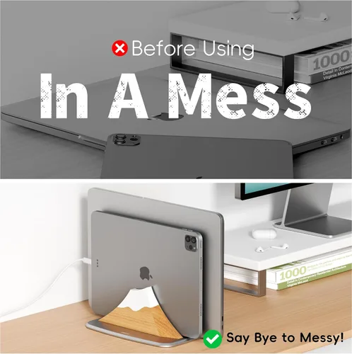 Miniatura 6 de AFOOYO Soporte vertical doble para laptop, soporte ajustable de madera en forma de pico de nieve, base de escritorio con 2 ranuras compatible