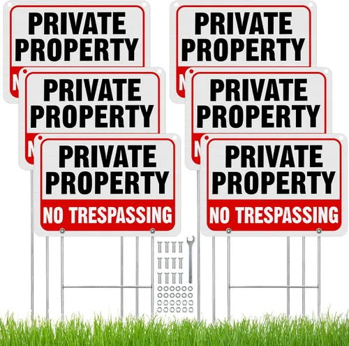 Zonon Paquete de 6 letreros de metal con texto en inglés "No Trespassing" de 12 x 8 pulgadas, palabra de propiedad privada con estaca en H