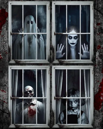Miniatura 9 de Patelai 4 piezas de cortina de fantasmas espeluznantes de Halloween, decoración de silueta de ventana de Halloween, cubierta de puerta y ventana