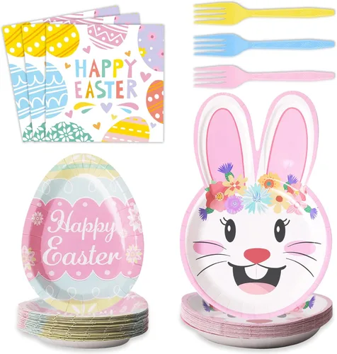 Tevxj Juego de vajilla de Pascua de 96 piezas con forma de huevo de conejo, platos de papel desechables coloridos para cacería de huevos de Pascua,