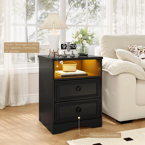 Miniatura 7 de LGHM Juego de 2 mesitas de noche con tira de luces de estación de carga, mesita de noche grande con 2 cajones, mesa auxiliar de cama decorativa