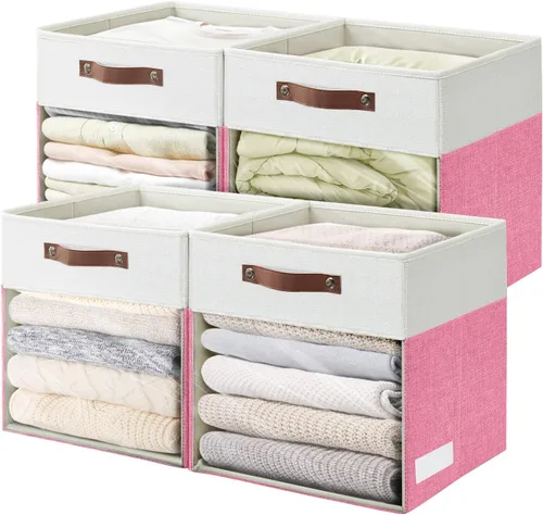 Miniatura 13 de Bagnizer Cubos de Almacenamiento, Paquete de 4 Contenedores de Almacenamiento Plegables de Lino (13 x 13 pulgadas) con Ventana Transparente y Asas