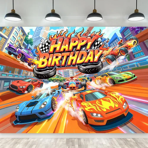 Miniatura 9 de Riyidecor Telón de fondo de feliz cumpleaños de coche de carreras, bandera de cuadros negros y blancos de neón de 5 pulgadas de ancho x 3 pies