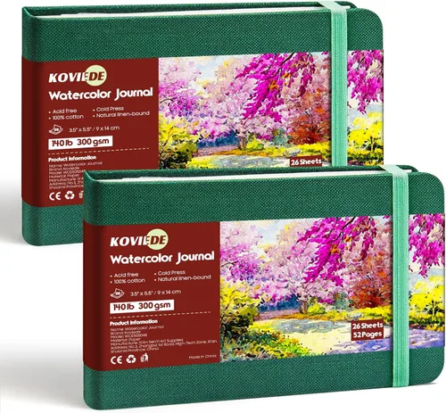 KOVIEDE Diario de acuarela de 5.5 x 3.5 pulgadas, 140 libras/300 GSM, cuaderno de bocetos de color de agua 100% algodón, bloc de papel de acuarela