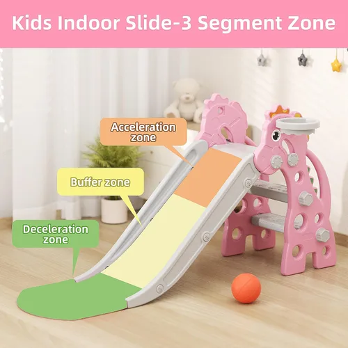 Miniatura 2 de GLAF Tobogán Interior para Niños Pequeños de 1-3 Años, Tobogán para Bebés, Juego Exterior con Aro de Baloncesto y Pelota, Toboganes Plegables de Rosa