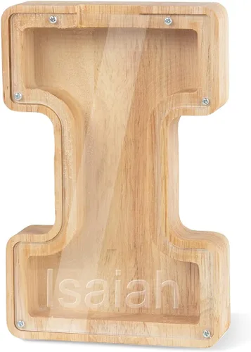 Miniatura 20 de Alcancía con nombre personalizado, 26 letras láser con texto personalizado, banco de monedas de madera, significado educativo, alcancía con nombre