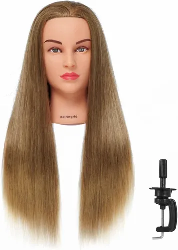 Miniatura 17 de Hairingrid Cabeza de maniquí de 26 a 28 pulgadas, para entrenamiento de peinado, cosmetología, cabeza de muñeca, pelo de fibra sintética y soporte