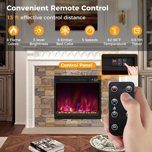Miniatura 9 de COSTWAY Calentador de chimenea empotrado de 18 pulgadas, inserto de chimenea eléctrica con llama multicolor y cama de brasas de cristal, control