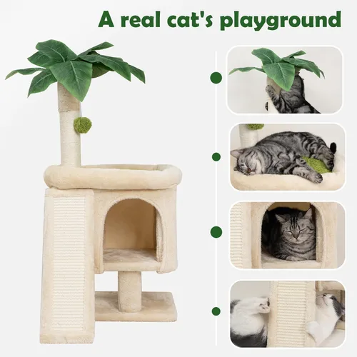 Miniatura 3 de Meowoou Torre de palmera para gatos de interior con acogedor condominio para gatos, postes rascadores de sisal natural de 33 pulgadas y pompón