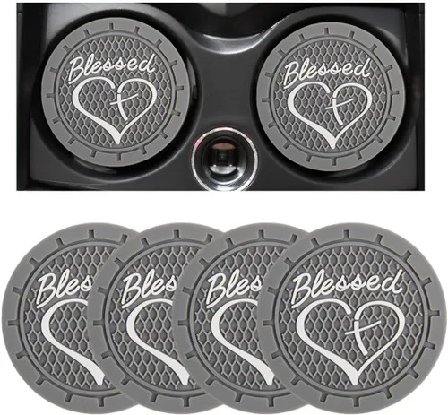Miniatura 17 de Dickno 2 piezas posavasos para portavasos de automóvil, 2.76 pulgadas cruz bendita y corazón tapete de bebida cristiano, PVC suave antideslizante a