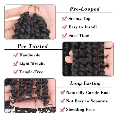 Miniatura 3 de Leeven 8 paquetes de extensiones de cabello de ganchillo Passion Twist de 14 pulgadas, color negro natural Bomb, pretrenzado, onda de agua, rizos