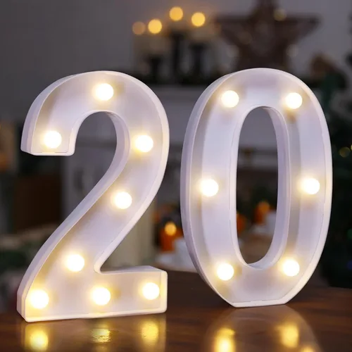 Miniatura 21 de Letras iluminadas para decoración de feliz cumpleaños, números LED alimentados por batería, letrero de número de marquesina para fiesta