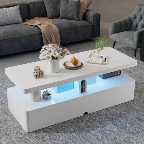 Miniatura 10 de oneinmil Mesa de centro LED moderna, mesas de sala de estar de 40 pulgadas con luces LED de 16 colores, diseño de doble capa, elegantes mesas