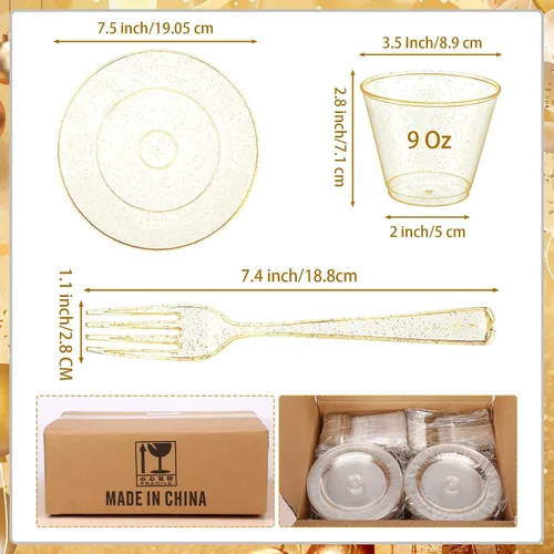 Miniatura 3 de Honeydak Juego de vajilla de plástico con purpurina dorada de 300 piezas para 100 invitados, 100 platos de boda de 7.5 pulgadas, 100 tazas doradas