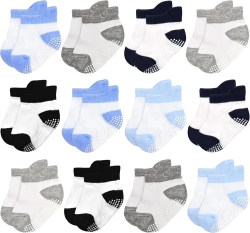 Miniatura 10 de GRPSKCOS - Calcetines antideslizantes para niños pequeños de 12 pares, calcetines antideslizantes para tobillos para niñas y niños, calcetines