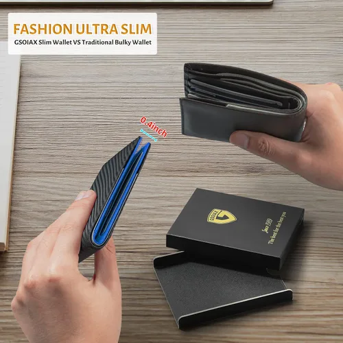 Miniatura 3 de GSOIAX Cartera delgada de cuero plegable RFID para hombre, cartera minimalista con bolsillo frontal con clip para dinero, 12 ranuras para tarjetas