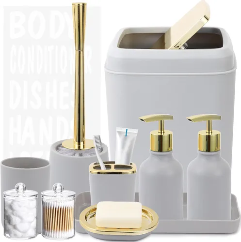 Miniatura 8 de XLHOMO Juego de accesorios de baño negro y dorado - 10 piezas de baño con papelera, dispensador de jabón, jabonera, soporte para cepillo de dientes