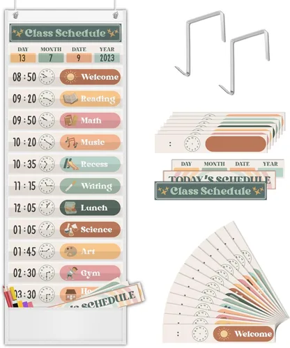 Boho Tabla de Bolsillo con Horario Diario para el Aula con 24 Tarjetas, Decoración de Bienvenida para el Regreso a la Escuela, Blanca