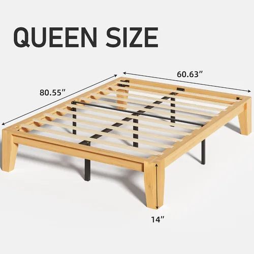 Miniatura 2 de Lifezone Marco de cama de plataforma de madera tamaño Queen, madera maciza de alta calidad, estructura resistente, patas de 3.78 pulgadas de grosor