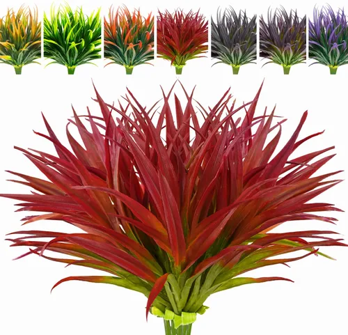 Miniatura 22 de 8 piezas flores artificiales de otoño para decoración al aire libre, plantas artificiales de otoño para exteriores, hierba amarilla artificial