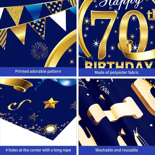 Miniatura 6 de Decoración de Telón de Fondo de Cumpleaños Feliz 70 para Hombres, Fondo de Cumpleaños 70 Azul Dorado, Suministros de Fiesta, Cartel de Fondo de Foto