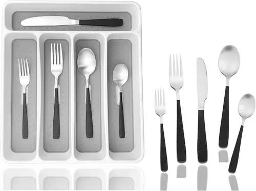 Miniatura 13 de JASHII - Juego de cubiertos con bandeja, 20 piezas de acero inoxidable cuadrado cubiertos servicio para 4, acabado mate, utensilios de alimentación