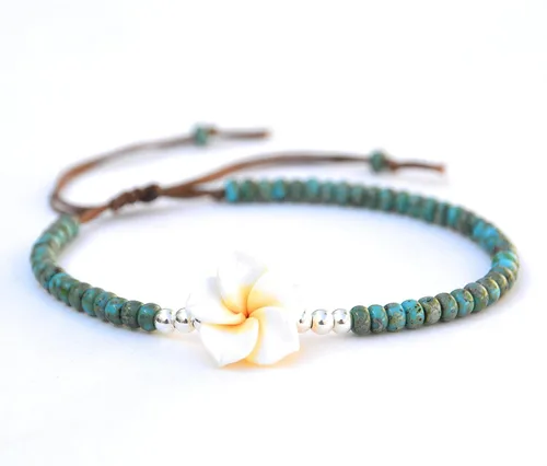 Miniatura 8 de Boho Beaded Anklet for Women and Teen Girls, Unique Bohemian Turquoise and Sterling Silver Beaded Anklet with Hawaii Hawaiian Plumeria Flower