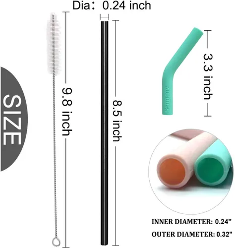 Miniatura 4 de Juego de 5 pajitas de acero inoxidable Senneny con puntas flexibles de silicona con cubierta de codos, 2 cepillos de limpieza y 1 bolsa portátil