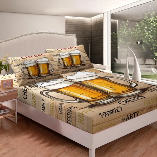 Miniatura 2 de Juego de sábanas temáticas de animación y cerveza, tamaño individual, juego de ropa de cama de 3 piezas con diseño de taza de cerveza de dibujos