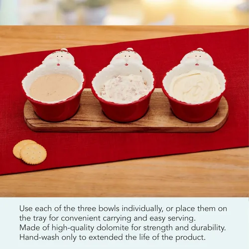 Miniatura 3 de Pfaltzgraff Winterberry Cuencos para Salsas de Papá Noel con Base de Madera, Juego de 3