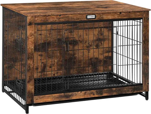 Miniatura 14 de Mueble de jaula para perros, perrera pequeña de 25.5 pulgadas para interiores, jaula de madera con bandeja extraíble, mesa auxiliar lateral que