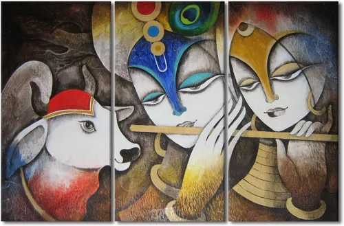 Miniatura 32 de Pintura india hindú Dios Señor Krishna imágenes sobre lienzo, arte de pared de 3 piezas, arte de pared moderno, decoración del hogar para sala