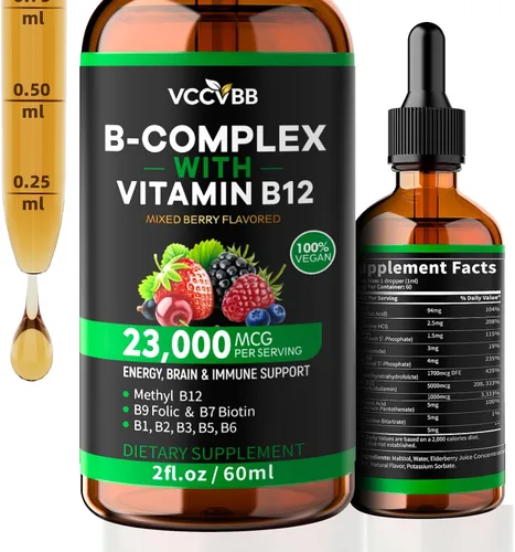 Miniatura 9 de Gotas de complejo de vitamina B, metilcobalamina activa B12 5000mcg, B6, B1, B2, B5, B7, B3, folato con vitamina C, líquido sublingual B12