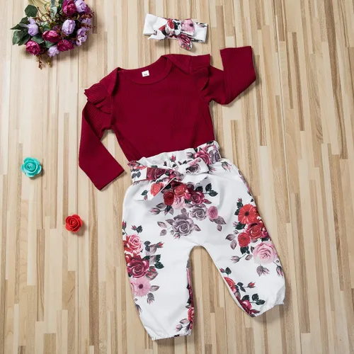 Miniatura 2 de Conjunto de ropa de 2 piezas para bebé recién nacido, con volantes, pantalones florales, diadema, otoño e invierno