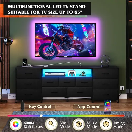 Miniatura 3 de WLIVE Soporte de TV de 75.5 pulgadas para TV de 65, 75, 80, 85 pulgadas, cómoda para dormitorio con tomas de corriente y luces LED, cómoda de tela