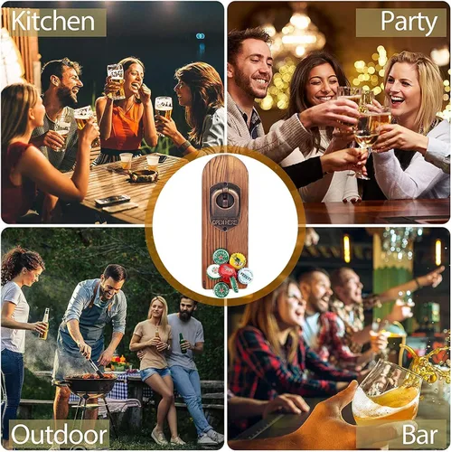 Miniatura 6 de Abrebotellas de cerveza montado en la pared con atrapador de tapas magnético, abrebotellas magnético de madera para refrigerador, regalos de cerveza