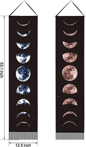 Miniatura 2 de Boao 2 tapices de fase lunar para colgar en la pared, de 12 x 53 pulgadas, tapiz artístico de luna, nueve fases del ciclo de crecimiento completo