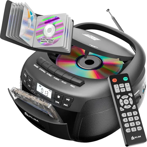 KLIM Reproductor de CD y Reproductor de Cinta de Casete con Estuche, Boombox Bluetooth, Radio AM/FM, Sonido Estéreo, Control Remoto, Combo de CD y