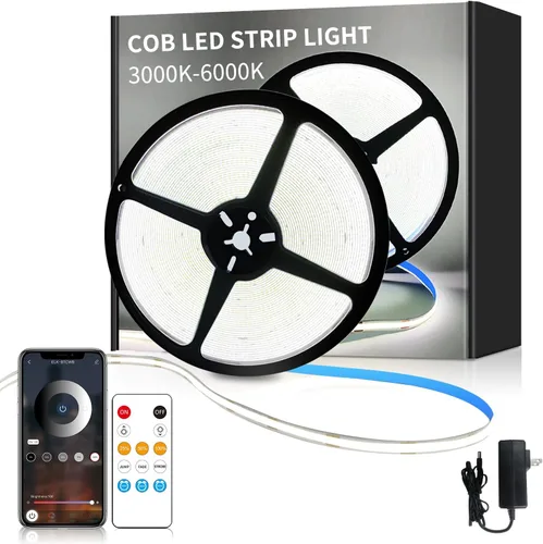 Miniatura 14 de Tira de luces LED COB de 32.8 pies, 3000 K, blanco cálido, regulable, CC de 24 V, cinta LED flexible para dormitorio, con control remoto