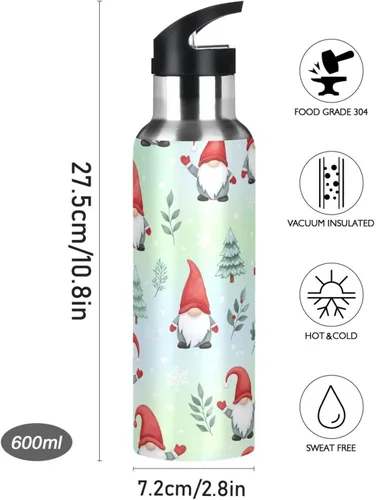 Miniatura 9 de BPA-Free Sport Water Bottle Insulated 32 Oz, Stainless Steel Water Bottle for Gym Outdoor Travel School, Gnomes Red Hats