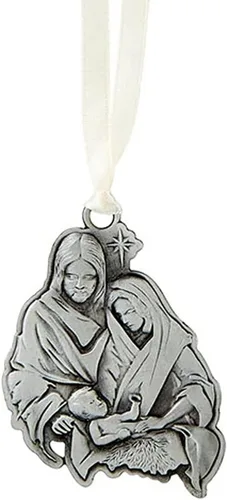Miniatura 6 de Adorno colgante de Navidad grabado en forma de árbol de metal plateado con texto en inglés "O Come Let Us Adore Him Christ the Lord", 2.75 pulgadas