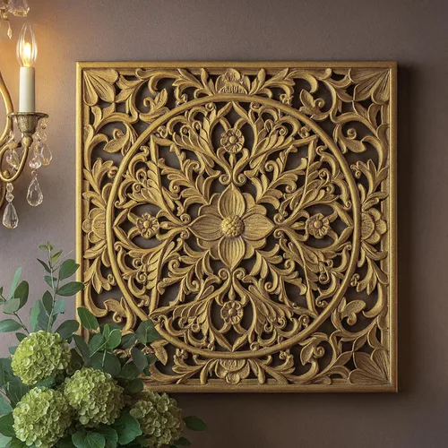 Miniatura 9 de XIAOAIKA Escultura de pared de madera tallada bohemia, intrincado diseño floral de mandala con acabado marrón envejecido, panel de arte de pared